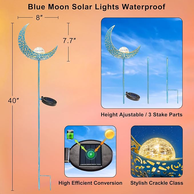 Moon Solar Garden Lights Outdoor Stakes, Waterproof Crackle Glass Metal Yard Lights for Lawn, Patio Accessories, Backyard Decor, Birthday Gifts for Mom