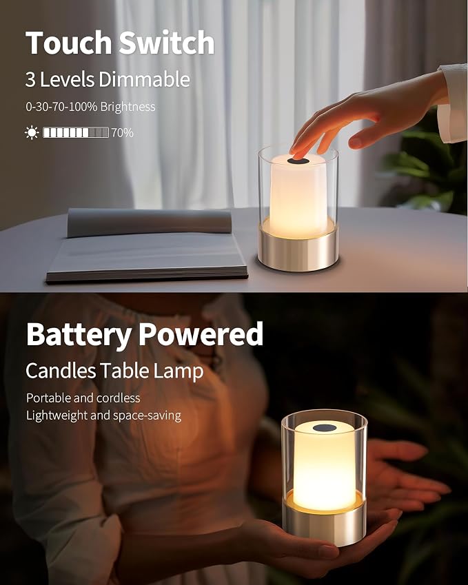 4" Gold Cordless Table Lamp 2 Pack, Outdoor Rechargeable Lamp | LED, Battery Operated, Portable, Touch Night Light for Dining Room, Camping, Bar, Party, Bedside, Bedroom, Home Decor, Gift
