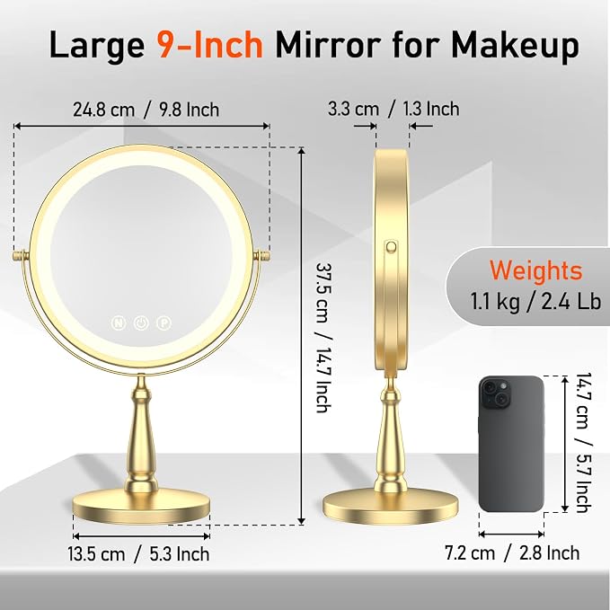 Vanity Mirror with Lights, 9'' Lighted Makeup Mirror, 1X/20X Double Sided Magnifying Mirror, 5000mAh Rechargeable, 3 Color Dimmable LED, 360° Rotation Desk Mirror for Makeup & Skincare, Gold