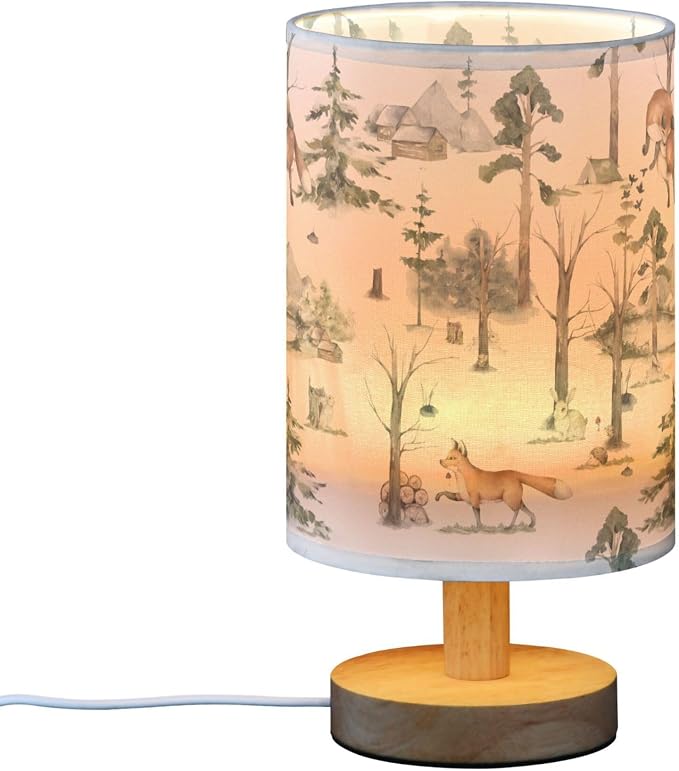 Table Lamp Watercolor Woodland Animal Pattern Fox Rabbit Hedgehog Bird Nightstand Lamp with Wood Base Fabric Lamp Shade Bedside Desk Lamp for Living Room Bedroom Kids Room Office