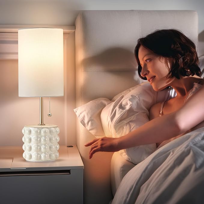 GyroVu Ceramic Small Table Lamp Set of 2, Adjustable Color Temperature Bedside Nightstand Lamps with Pull Chain for Bedroom Living Room Reading, White, 2 Bulbs