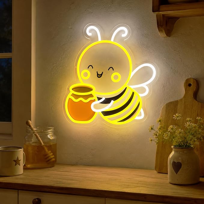 Bee Neon Sign Wall Art Cute Animal Neon Sign Honey Bee Lights Decor | Dimmable Bee Neon Light for Nursery, Kids Room, Bedroom, Living Room, Playroom, Bee Themed Decor and Nature Lovers Gift