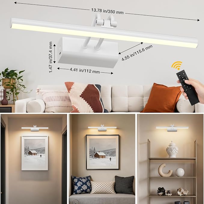 Battery Operated Picture Light for Wall, Remote Control, White | 4000mAh Cordless,Wall Light, Magnetic for Easy to Charge,Timers, Display for Gallery Living Room Bedroom