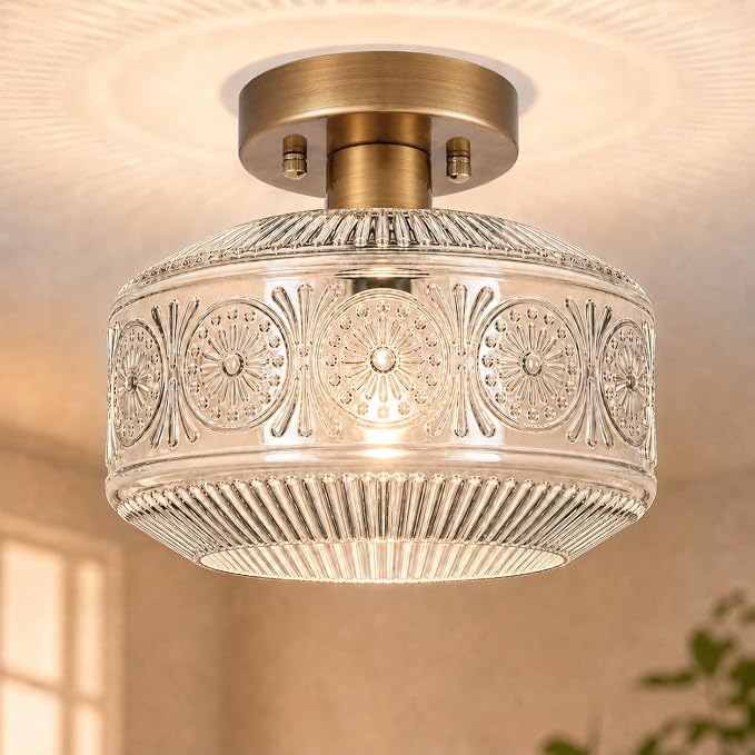 DSMJFU Semi Flush Mount Ceiling Light, Brass Thick Glass Fixture | Thick Glass Shade Creates Soft Warm Glow, Semi Flush Design Fits Low Ceilings, Ideal for Hallway Bedroom Bathroom Laundry