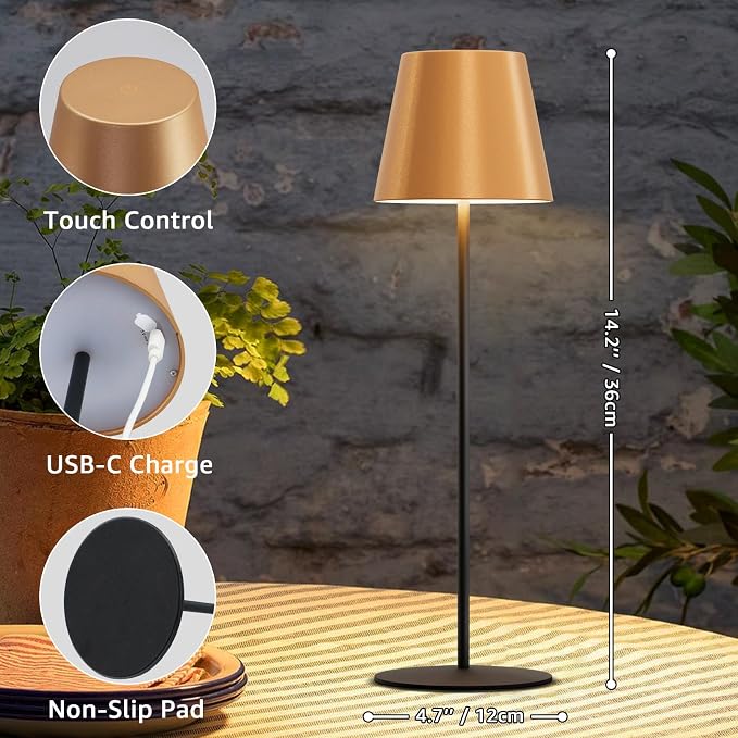uuffoo 2 Pack Cordless Table Lamp Rechargeable 5000mAH Battery Operated Lights Touch Control LED Portable Desk Lamps 3 Color Dimming for Outdoor Coffee Bedroom Kitchen (Gold+Black)
