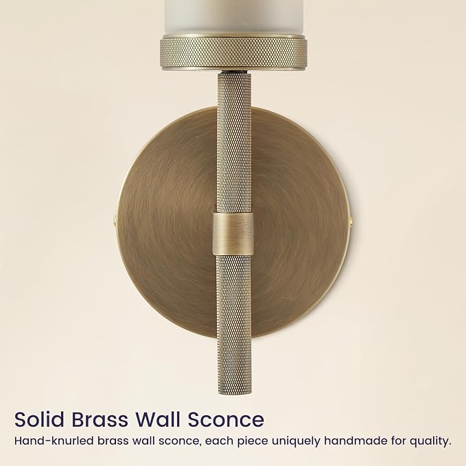 15" Hardwired Frosted Glass 2 PC Bathroom Wall Sconces, Handmade Knurled Brass Wall Light Fixture,Modern Vanity Light for Living Room,Hallway, Bedroom, Indoor Sconces