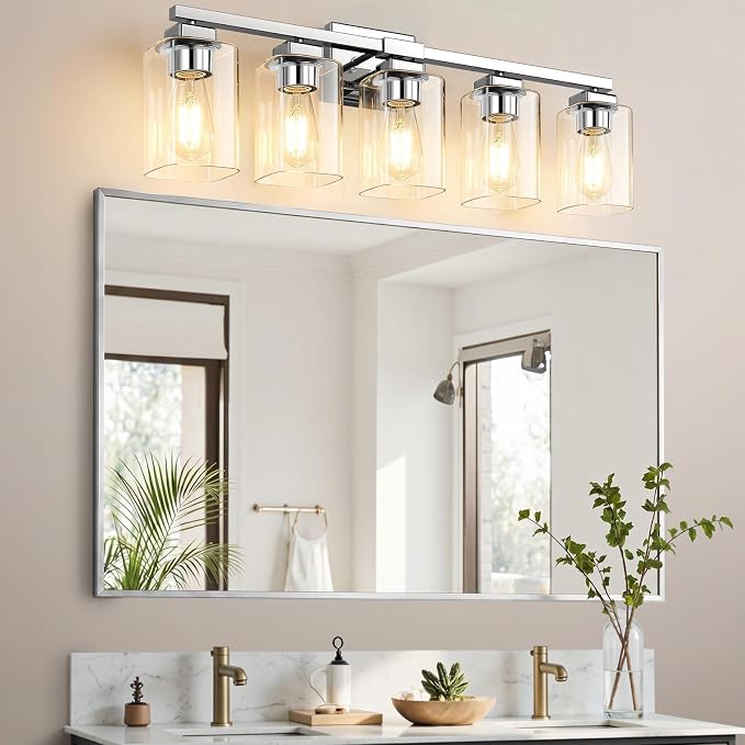 31” Bathroom Light Fixtures, 5-Light Vanity Light Chrome | Square Clear Glass & Durable Metal, Quick & Easy Installation, Standard E26 Socket, Bright Bathroom Lighting