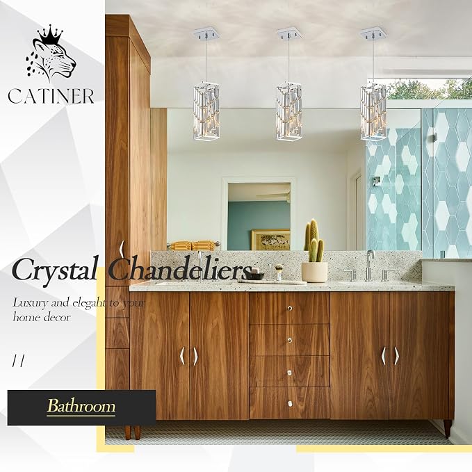 CATINER Chrome Crystal Pendant Light 3-Pack, Kitchen Island, E26 | Chrome crystal pendant lights 3-pack with adjustable 59" cords, E26 base, dimmable for kitchen island lighting