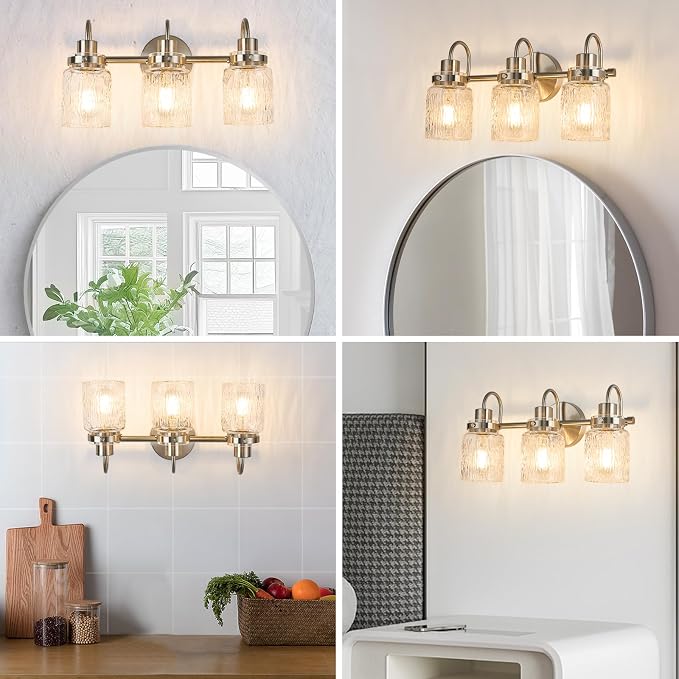3 Lights Hammered Glass Bathroom Vanity Light,Brushed Nickel | Easy Installation,Up or Down,Farmhouse Modern Style,E26 Socket,ETL Certification