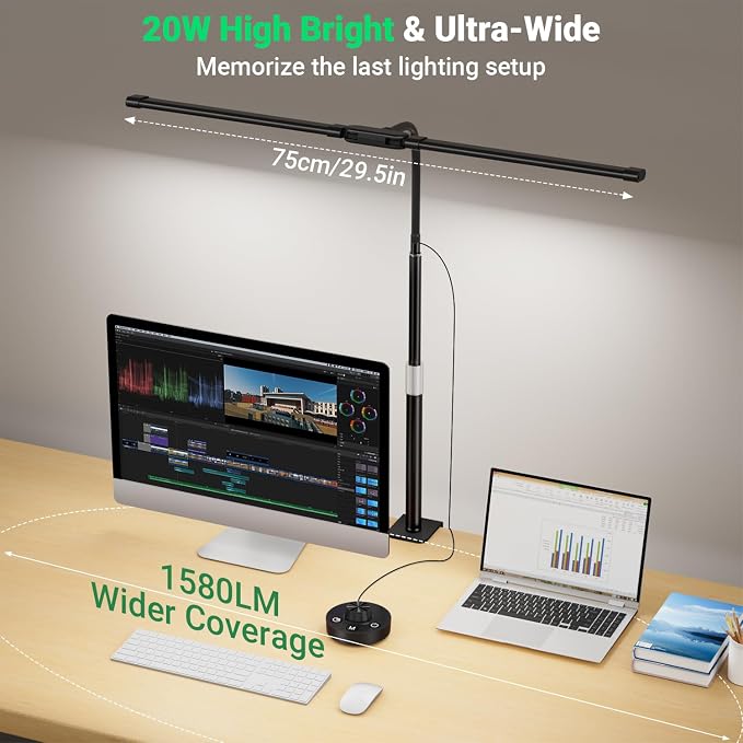 LED Desk Lamp with Clamp, 23.5-31.5 Inches, Black | 24W, 75 Lighting Modes, Flexible Neck Design, Telescopic Height, For Home Office Study Work Craft Paint
