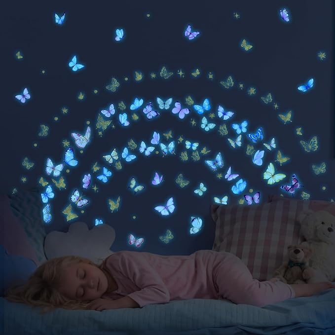 Glow in the Dark Butterfly Wall Stickers Luminous PVC Decals Self-Adhesive Peel and Stick for Kids Bedroom Living Room Nursery Home Decor