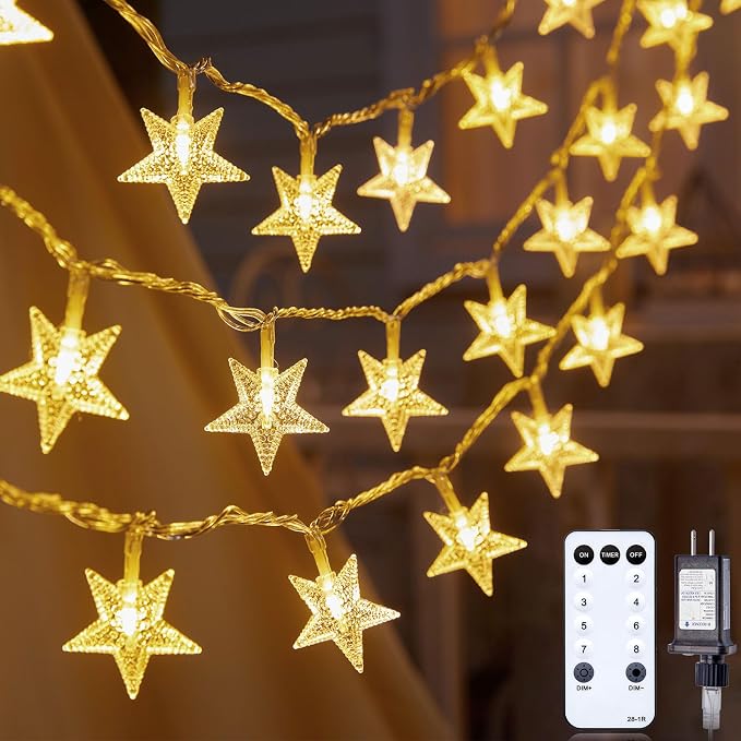 Star String Lights Plug in - 33 ft 100 LED Star Fairy String Lights with Remote and Timer, Waterproof for Bedroom Porch Wedding Party Patio Garden Tent Indoor Outdoor Décor, Warm White | 100 LED Star Bulbs, Connectable, Adjustable Brightness, Waterproo...