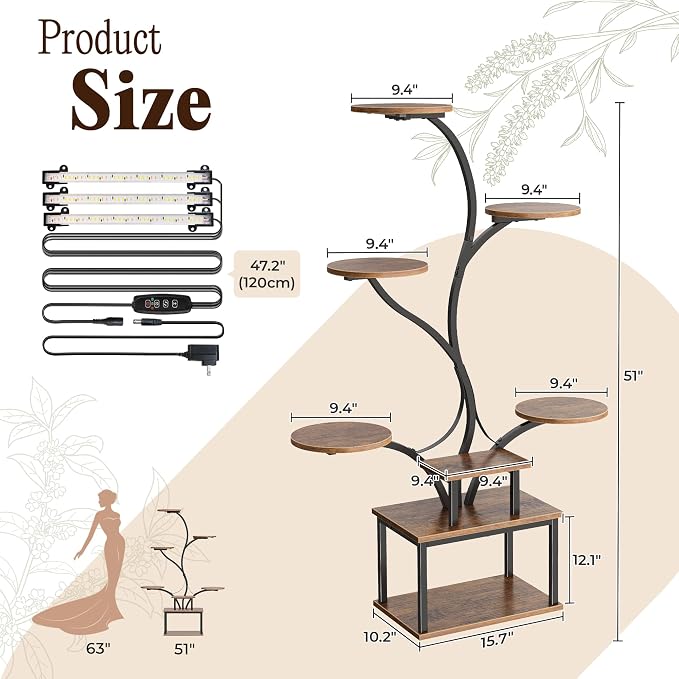 51 Inch Plant Stand with Grow Lights, 8 Tiered Indoor Plant Shelf | Corner Plant Rack with Larger Flower Holder, Curved-tubed Design, 3 Light Modes, for Living Room, Rustic Brown