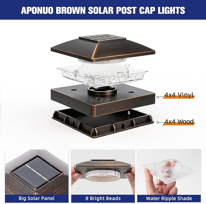 APONUO Solar Post Cap Lights for 4x4 Posts - IP64 Waterproof, Warm White, Wireless Fence Lights & Deck Lights for Patios, Gardens, and Yards, Brushed Copper, 24 Pack