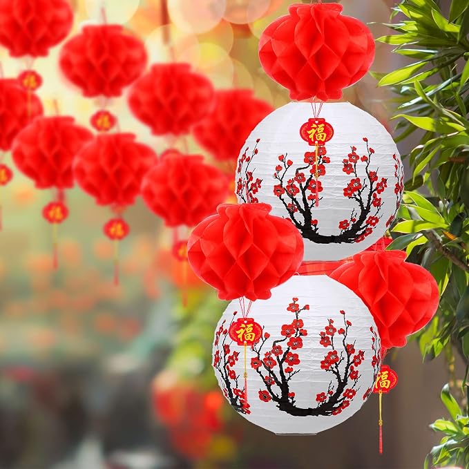 Mudder 20 Pack Chinese Japanese Paper Lanterns, Red Sakura Cherry Blossom Hanging Lantern Decorations, Asian Theme Party Supplies for Birthday Wedding Restaurant Home Decor, Traditional Style