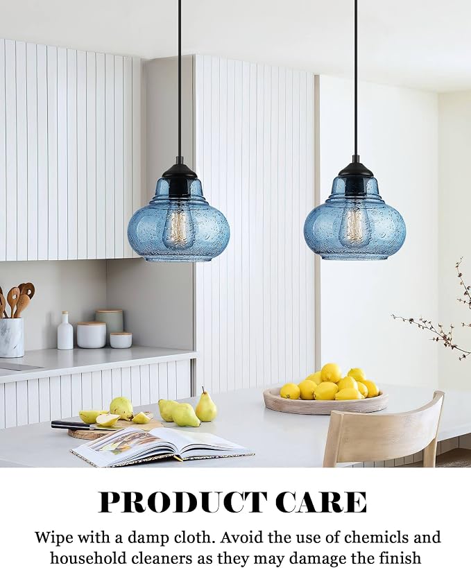 ELYONA 8 Inch Pendant Light for Kitchen Island Modern Blue Hand Blown Bubble Glass Pendant Lighting Hanging Light fixtures for Dining Room Bar Bedroom Living Room