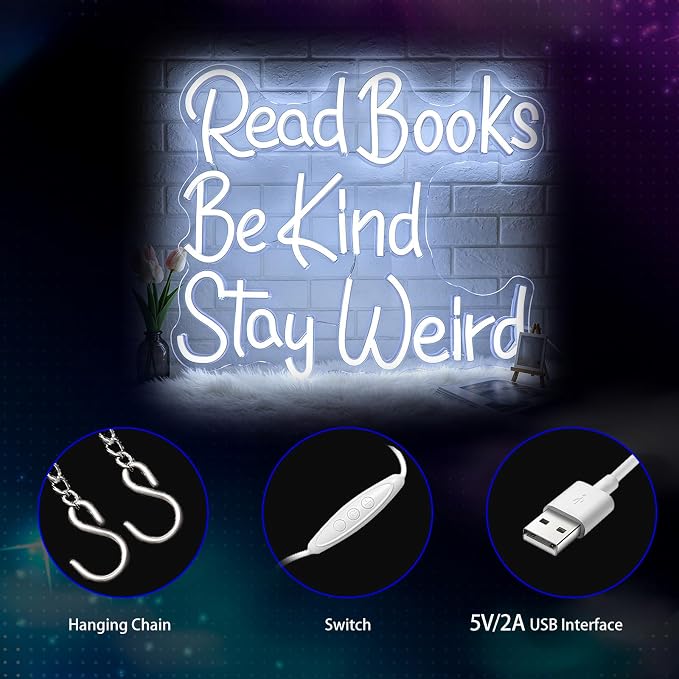 Neon Sign, Neon Signs for Wall Decor LED Signs Neon Light | Read Books Be Kind Stay Weird Neon Sign, Study Room, Bookstore, Classroom Decor, Reading Corner, Library, Gift, USB Powered