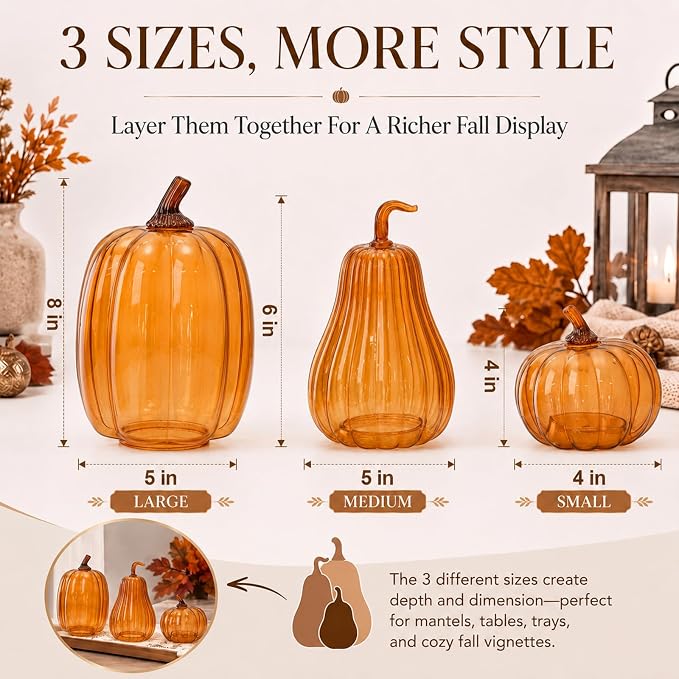 Yungyan Set of 3 Glass Pumpkin Lamp Shades Fall Decor,Orange | Pumpkin Candle Holder Rustic Thanksgiving Halloween Autumn Mantel Table Centerpiece Home Decoration, Lights Not Included