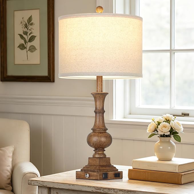 26" Tall Farmhouse Table Lamp,Bedside Lamps for Bedroom | Antique Brown,USB A/C Charging Ports & AC Outlet,3-Way Dimmable Touch Control,Vintage Rustic,Living Room,Nightstand,End table
