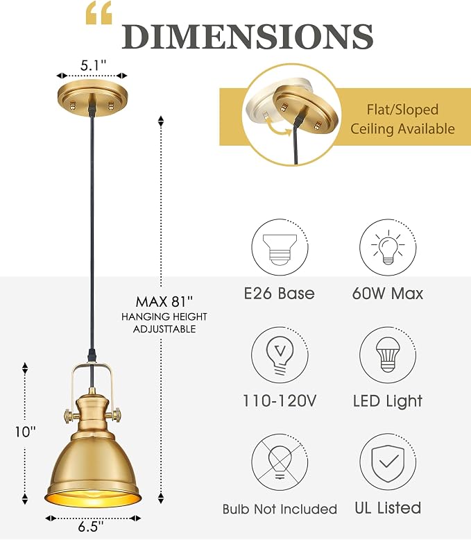 2 Pack Pendant Lights Kitchen Island, Farmhouse Hanging Lights Fixtures with Metal Shade, Rustic Kitchen Pendant Lighting Over Island for Dining Room, Brushed Gold, AD-2151-1P2-GD