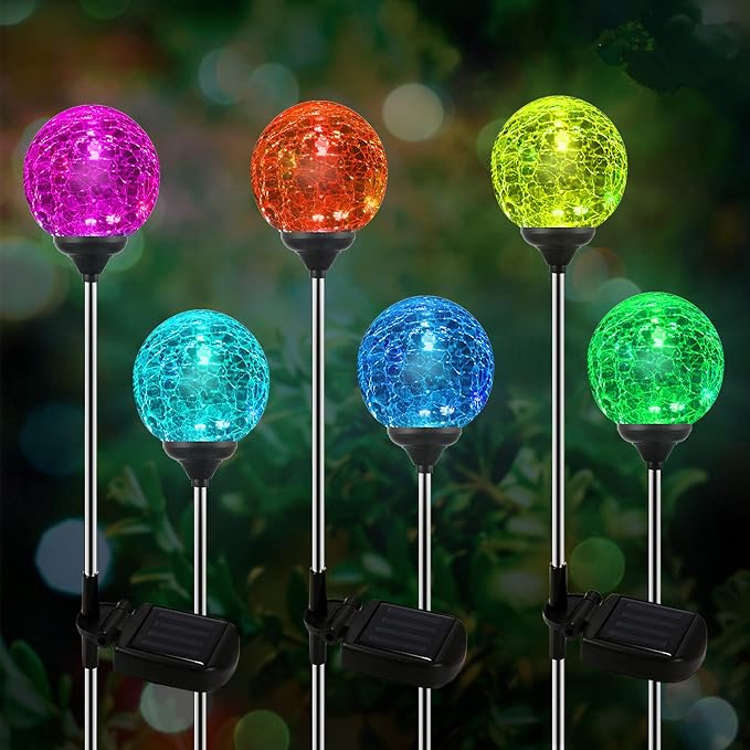 OxyLED Solar Outdoor Lights, 6 Pack Solar Stakes Crystal Cracked Glass LED Garden Globe Light Outdoor Waterproof, Color-Changing Auto On/Off, Pathway Lights for Landscape Patio Yard Decorations | Crystal Cracked Glass LED Outdoor Waterproof, Color-Chan...