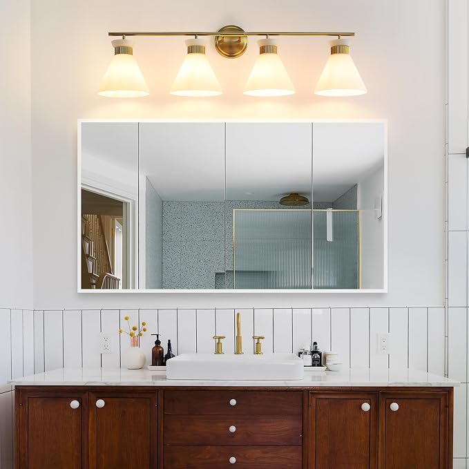 WOSHITU Bathroom Vanity Light Fixtures: 4 Bulb Mid Century Modern Vanity Lights for Bathroom, Brass Gold Wall Sconce Lighting with Frosted Milky Glass for Over Mirror Bath