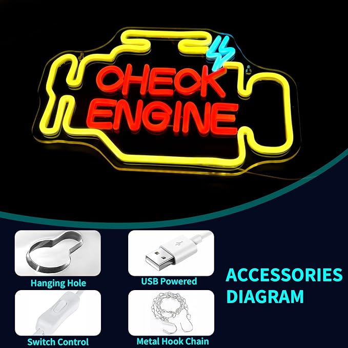 Check Engine Neon Sign, JGHTURIE Man Cave Neon Signs for Wall Decor Garage Car Room Yellow Light Up Sign Auto Repair Workshop Led Signs USB Powered