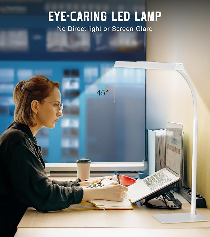 LED Desk Lamp for Home Office with Base, Eye-Caring Desk Light 12W | Tall Lamp for Computer Monitor Task Reading, Adjustable Gooseneck, 5 Dimmable Brightness & Color, Touch Control, Timer
