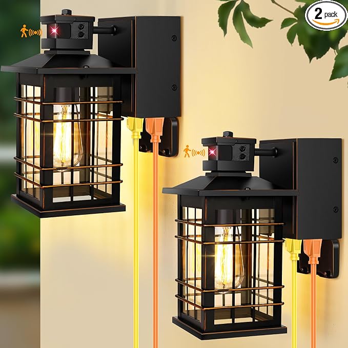 Porch Lights with GFCI Outlet, 2-Pack Motion Sensor Dusk to Dawn Waterproof Outdoor Lights, 3 Modes Oil-Rubbed Bronze Exterior Light Fixtures Wall Mount, Outside Wall Lanterns for Front Door House