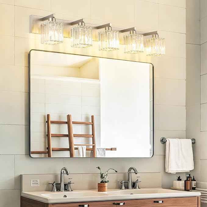 Aipsun Brushed Nickel Bathroom Lighting Fixtures 5 Light Vanity Light Crystal Modern Bathroom Vanity Light (Exclude Bulb)