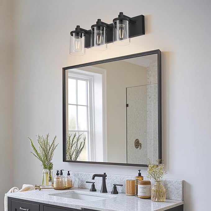 Bathroom Vanity Light, 3 Light Matte Black Vanity Light Fixture with Clear Glass Shade, 22 in Modern＆Farmhous Vanity Lights, Bathroom Light Fixtures Over Mirror for Bathrooms, Livingroom