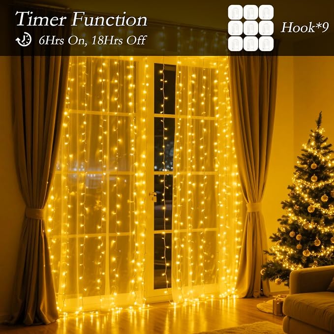 200 LED Warm White Curtain String Lights 9.8x6.6FT, Plug in Fairy Lights with 9 Hooks, Dimmable, Timer & 8 Modes, IP44 Waterproof, Bedroom Wall Wedding Party Christmas Indoor Outdoor Decor