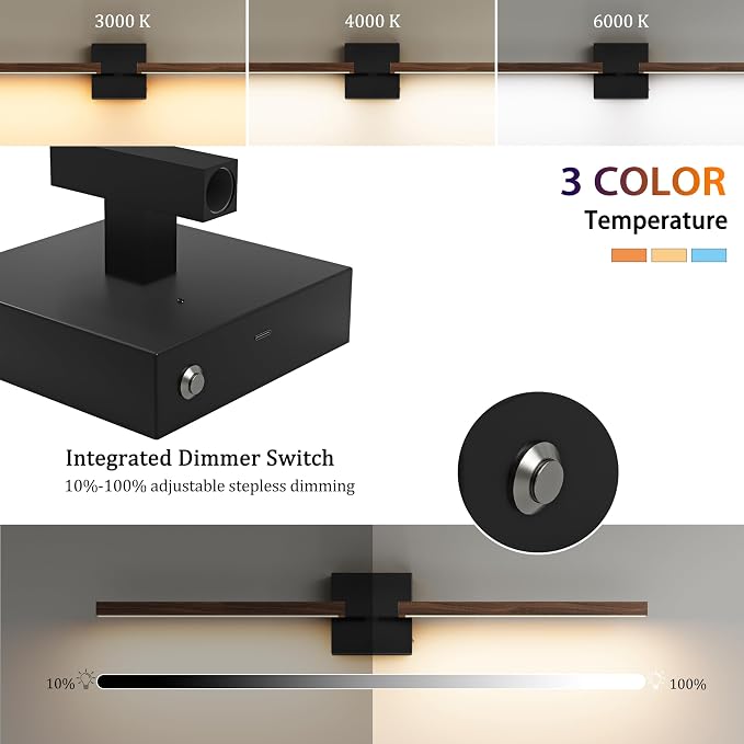 Rayogale Black Walnut Wireless Wall Sconces with Remote Control 36 Inch | 3000/4500/6000K Dimmable 8000mAh Rechargeable Battery Wall Sconces Set of Two with Timer for Living Room, Bedroom, TV