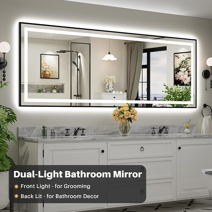 96x36 Inch LED Bathroom Mirror with Black Frame, Backlit & Front Lit | Anti-fog, 3 Color Dimmable, Memory Function, HD Reflection Tempered Glass, ETL Listed, IP54 Waterproof