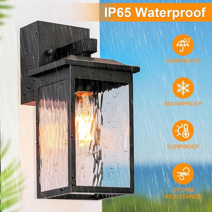 Porch Lights with GFCI Outlet, Dusk to Dawn Outdoor Wall Lighting with Water Rippled Glass Shade, Waterproof Exterior Light Fixture Black Outside Lights for House Front Door Garage Patio (E26 Base)