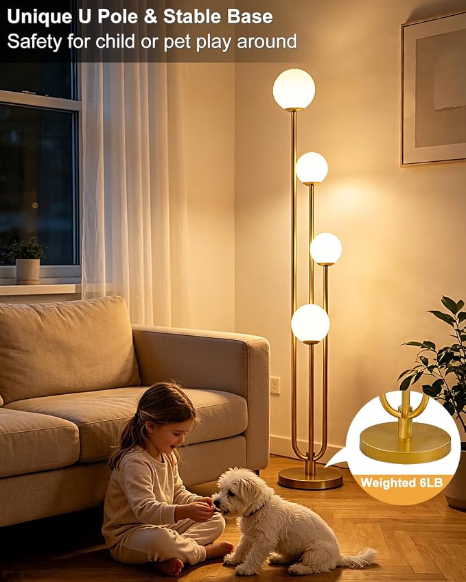 63IN 4-Light Dimmable Floor Lamp, Unique Gold Tall Standing Lamps with 3000K Bulbs for Reading, Mid Century Modern Floor Lamp with 5Lbs Heavy Base for Living Room Bedroom Home Office