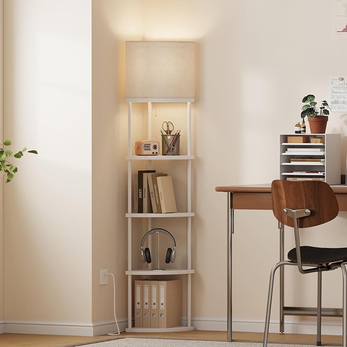 Qupui Floor Lamp with Shelves, 61.5" 5-Tier, 3-Color LED, White | Fabric Shade With Soft Cozy Light. 3 Color Temperatures 12W LED. 5 Tiers, 22 Lbs Each. Durable Composite Panels, Metal Frame