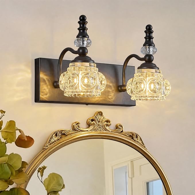 Modern Glass Crystal Bathroom Vanity Light Indoor Wall Lamp Black Vintage Wall Sconces 2-Lights Vanity Lighting Wall Mounted Sconce Wall Lighting
