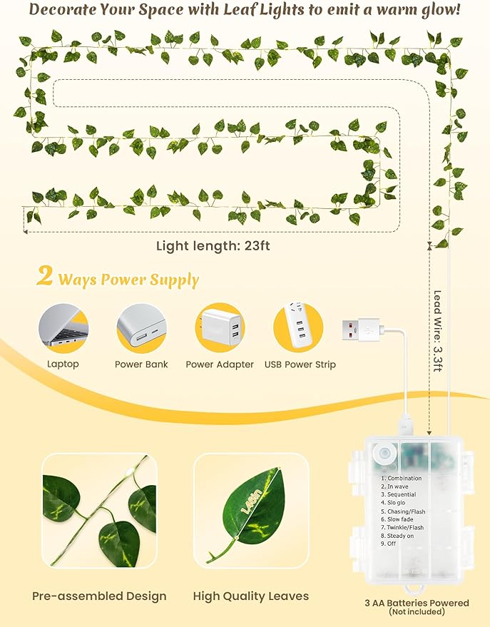 YOUNGAR Pothos Vines with Fairy Lights,Battery/USB Operated Leaf String Warm White Lights,23FT 73LED vine lights with Remote for Bedroom Garland Wedding Birthday Garden Party Wall Room Headboard Decor