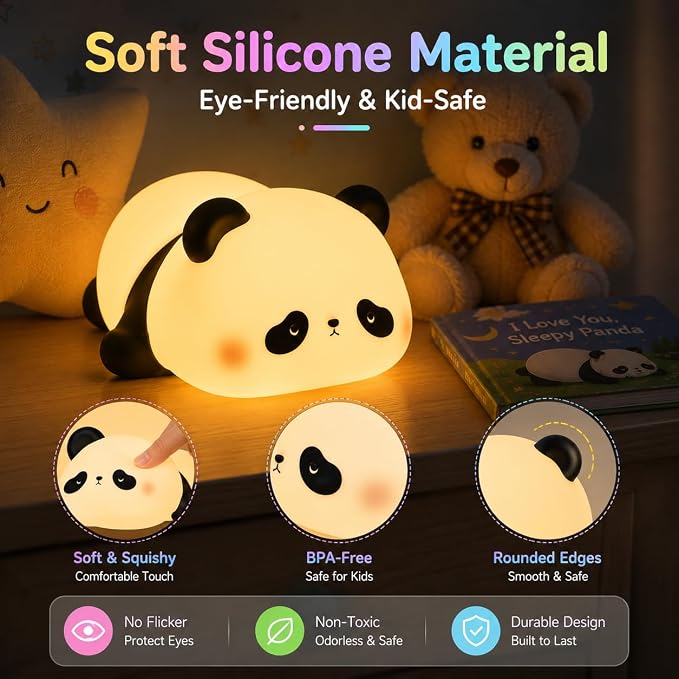 Cute Panda Night Light for Kids, 7-Color Changing Silicone Squishy Lamp, Tap Control USB Rechargeable Portable Night Light for Baby Nursery, Bedroom Desk Decor, Birthday Christmas Gift