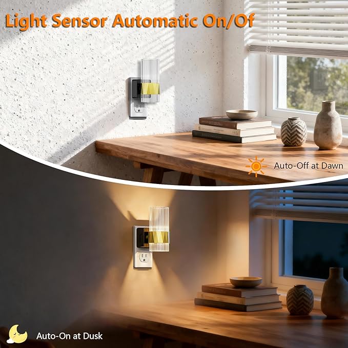 LED Night Light Rotating, Acrylic Night Lights Plug into Wall with Dusk to Dawn Sensor, 0-100LM Dimmable 2700K Nightlight Plug in for Bedroom, Bathroom, Living Room, Hallway (2 Pack)