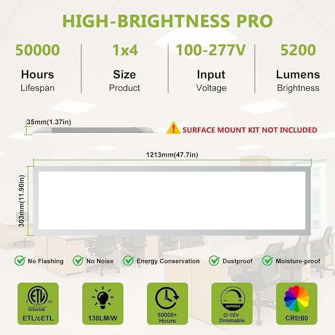 YXL 24 Pack 1x4 LED Flat Panel Light Drop Ceiling Light Fixture, 5200LM, 5CCT LED Drop Ceiling Office Light, 40W/35W/30W/25W/20W Selectable,6500K/5000K/4000K/3500K/3000K,Dimmable 0-10V,ETL