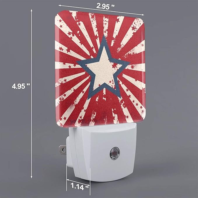 American Stars Night Light Set of 2, USA Flag Auto Sensor LED Dusk-to-Dawn Nightlights, Plug-in Sensor Lamp for Bedroom Bathroom Kitchen Hallway Stairs Decorative