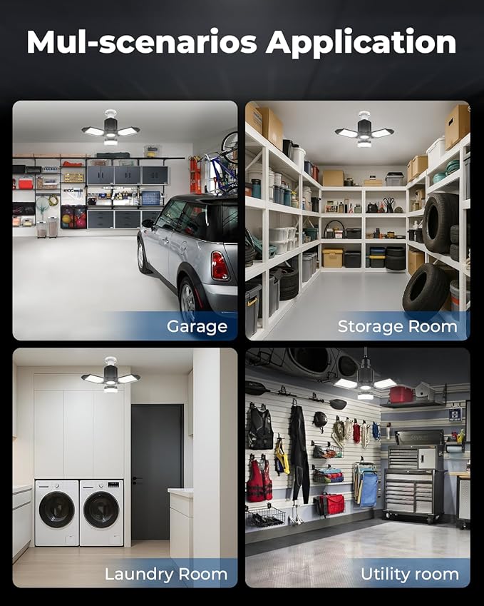LED Garage Light Bulbs 2 Pack, 8000LM Shop Lights with 3+1 Deformable Panels, 6500K Screw in Ceiling Lights for Garage, Workshop, Workbench, Basement