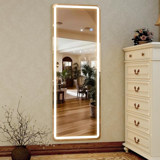 56" x 20" Full Length Mirror, LED Lighted Floor Standing Mirror | Dimming & 3 Color Lighting and Shatterproof Tempered Glass Wall Hanging or Leaning Full Body Mirror for Bedroom/Home Decor