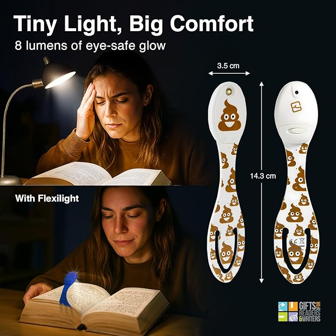 Gifts for Readers & Writers Book Light, Clip On Reading Light for Bed, 2in1 Flexilight & Bookmark, Small & Lightweight with a Soft Glow, 2 Batteries Included, Light Poo