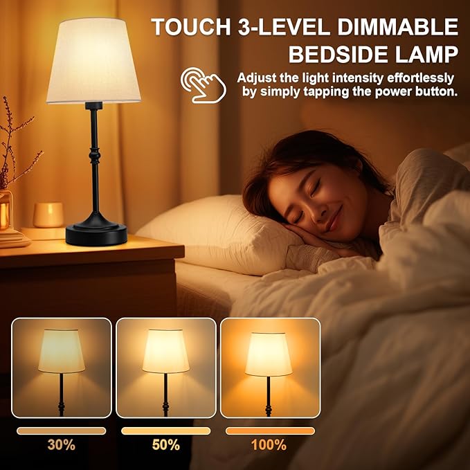 2 Pack Rechargeable Cordless Table Lamp, 5000mAh Battery Operated Lamps, Wireless 3-Level Dimmable Touch Lamp, Portable Night Bedside Brass Lamp, Desk Light for Patio Restaurant Dinnin (Black)
