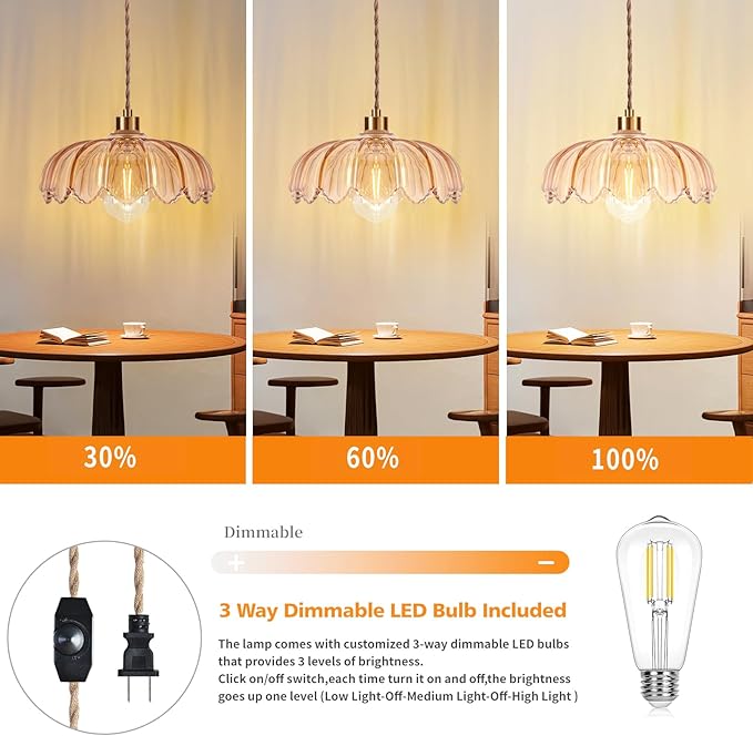 Plug in Pendant Light Hanging Lights with in Cord Mid Century Modern Gold Hanging Lamp Flower Glass Amber Vintage Dimmable Chandelier Ceiling Fixture for Living Room,Kitchen,Boho