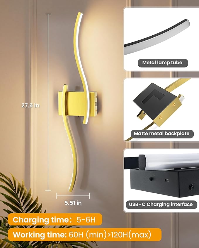 NIORSUN 27.6 Inch Battery Operated Wall Sconce Set of 2, Gold Modern Rechargeable Wall Lights with Remote, 3CCT Dimmable Wireless Wall Lamp for Living Room Bedroom Hallway