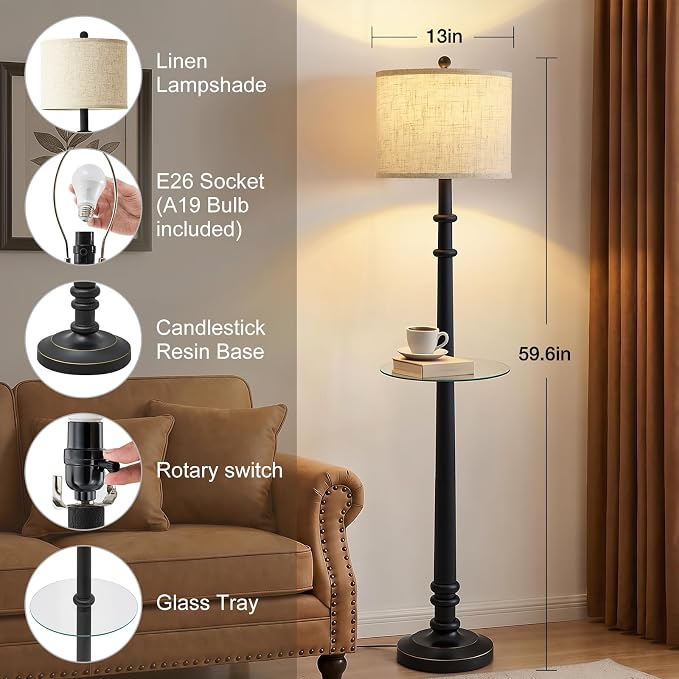 EJIAXIN Floor Lamps for Living Room - 60" Farmhouse Floor Lamp with Adjustable Color Temperatures - Vintage Standing Lamp Reading Light - Retro Tall Lamp with Table for Bedroom Office, Rustic Black